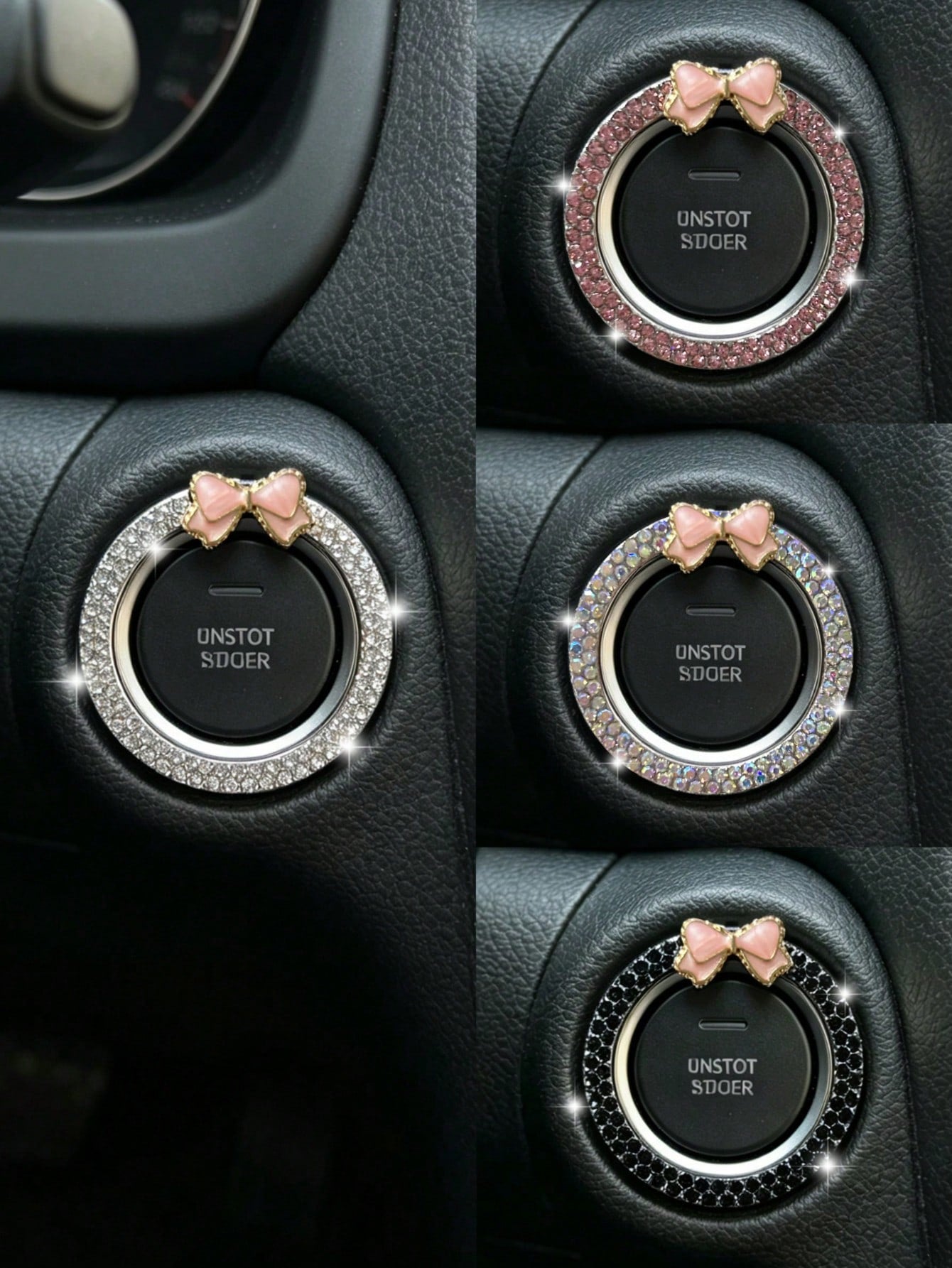 Car One-Touch Start Decorative Ring Double Row Rhinestone Bowknot Fire Ring Ignition Switch Button Decorative Sticker For Women