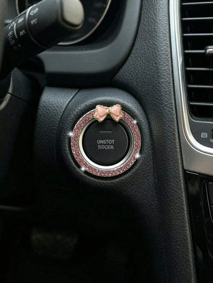 Car One-Touch Start Decorative Ring Double Row Rhinestone Bowknot Fire Ring Ignition Switch Button Decorative Sticker For Women