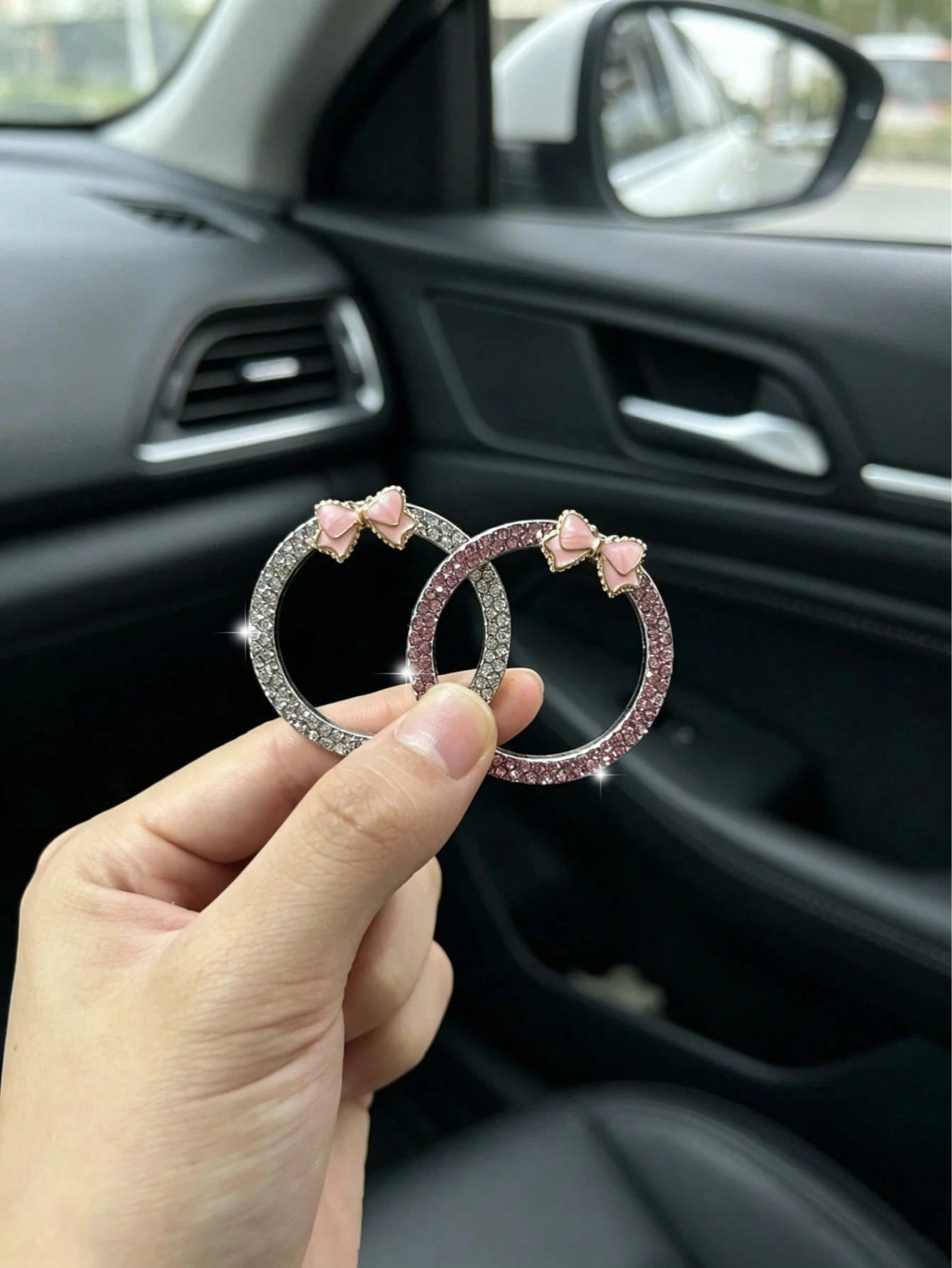 Car One-Touch Start Decorative Ring Double Row Rhinestone Bowknot Fire Ring Ignition Switch Button Decorative Sticker For Women
