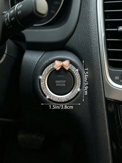Car One-Touch Start Decorative Ring Double Row Rhinestone Bowknot Fire Ring Ignition Switch Button Decorative Sticker For Women