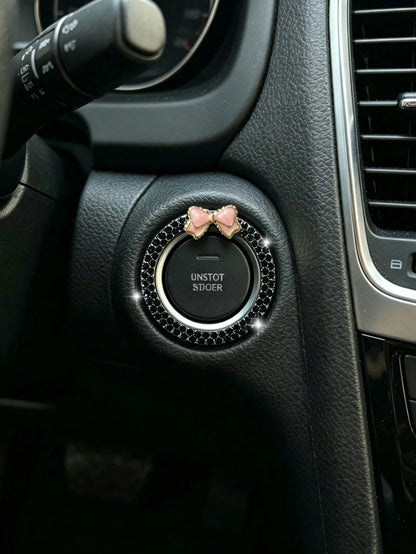 Car One-Touch Start Decorative Ring Double Row Rhinestone Bowknot Fire Ring Ignition Switch Button Decorative Sticker For Women