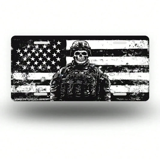 Car P, Skull Soldier Front License Plate, Aluminum Cover And Frame, Unisex Fun Decoration Standard 6*12inch