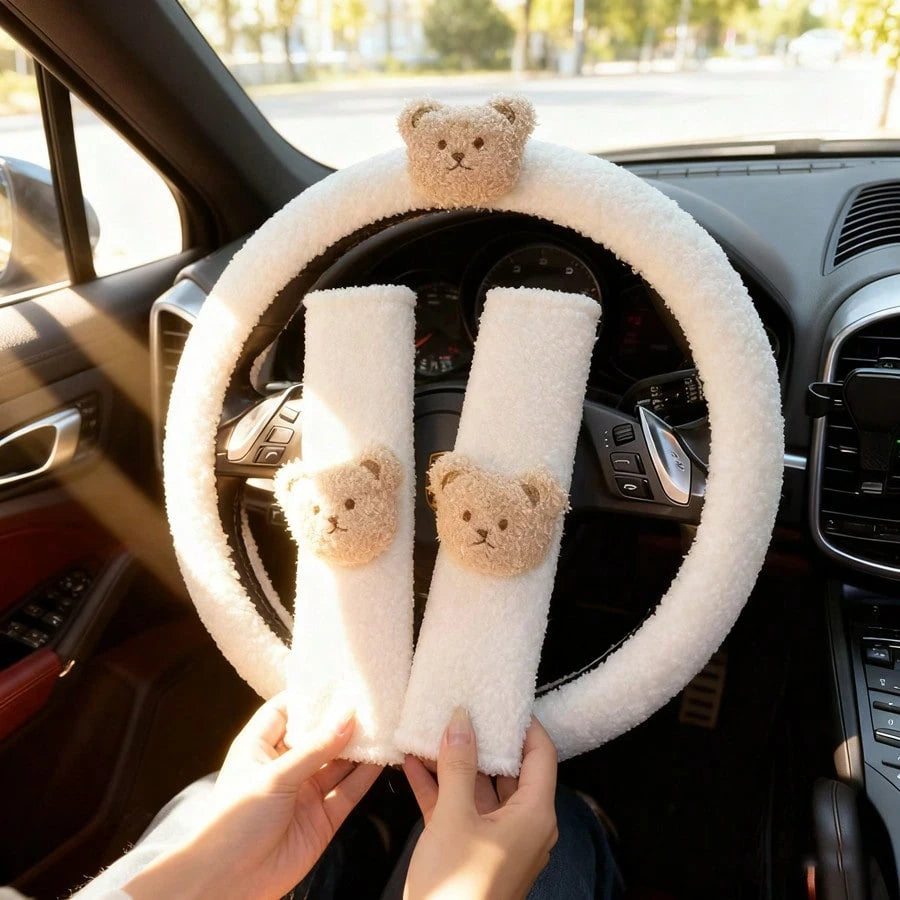 Car Steering Wheel Cover Winter Lamb Fleece Bear Warm Anti-Slip Car Handle Cover (No Inner Ring) Creative Cartoon Steering Wheel Cover
