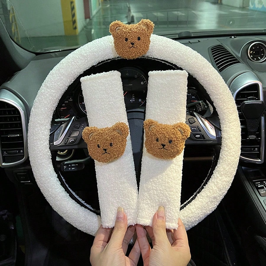 Car Steering Wheel Cover Winter Lamb Fleece Bear Warm Anti-Slip Car Handle Cover (No Inner Ring) Creative Cartoon Steering Wheel Cover