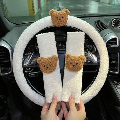 Car Steering Wheel Cover Winter Lamb Fleece Bear Warm Anti-Slip Car Handle Cover (No Inner Ring) Creative Cartoon Steering Wheel Cover