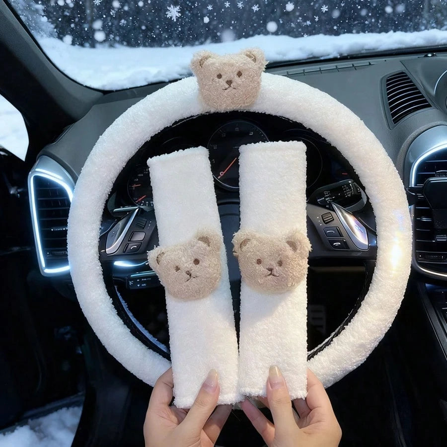 Car Steering Wheel Cover Winter Lamb Fleece Bear Warm Anti-Slip Car Handle Cover (No Inner Ring) Creative Cartoon Steering Wheel Cover