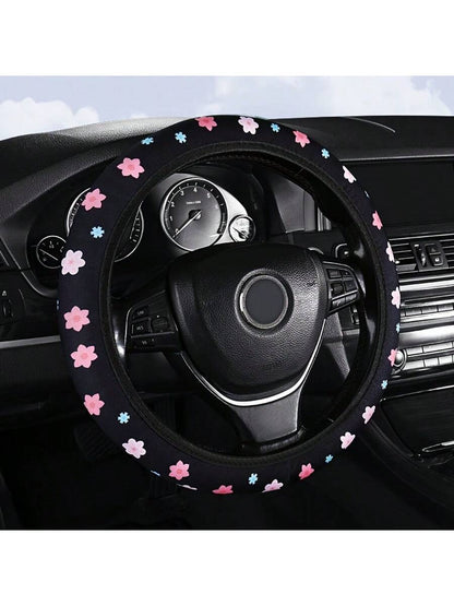 Car Steering Wheel Cover Without Inner Ring, 38cm/15inch Universal Fit, Polyester Fiber Surface, Rubber + Sponge Backing, Cute Floral Design For Women, Non-Slip Car Interior Accessory, Suitable For Mo