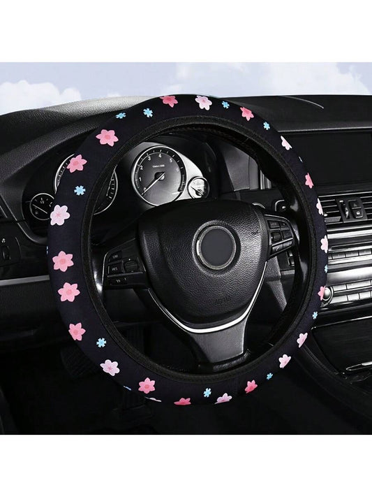 Car Steering Wheel Cover Without Inner Ring, 38cm/15inch Universal Fit, Polyester Fiber Surface, Rubber + Sponge Backing, Cute Floral Design For Women, Non-Slip Car Interior Accessory, Suitable For Mo