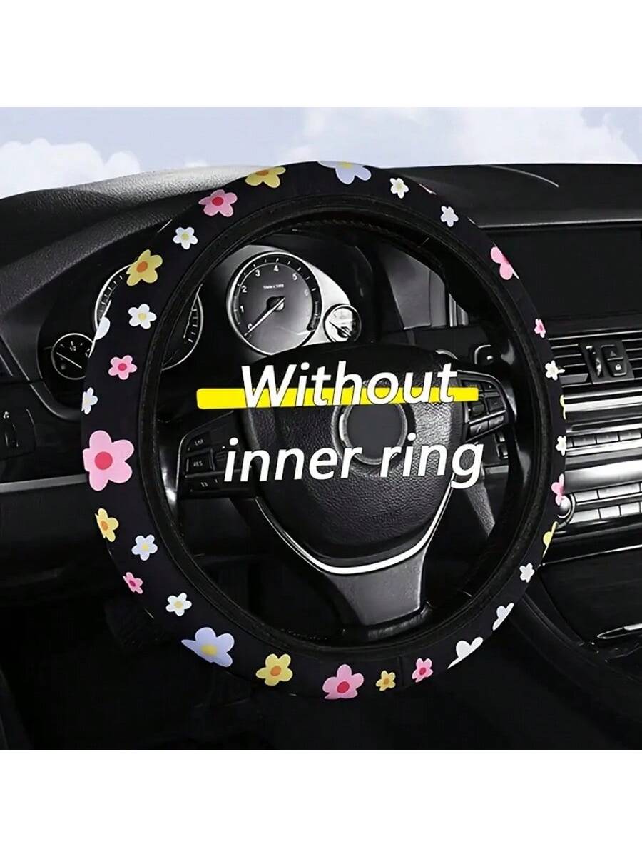 Car Steering Wheel Cover Without Inner Ring, 38cm/15inch Universal Fit, Polyester Fiber Surface, Rubber + Sponge Backing, Cute Floral Design For Women, Non-Slip Car Interior Accessory, Suitable For Mo