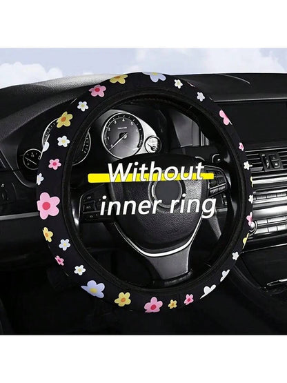 Car Steering Wheel Cover Without Inner Ring, 38cm/15inch Universal Fit, Polyester Fiber Surface, Rubber + Sponge Backing, Cute Floral Design For Women, Non-Slip Car Interior Accessory, Suitable For Mo