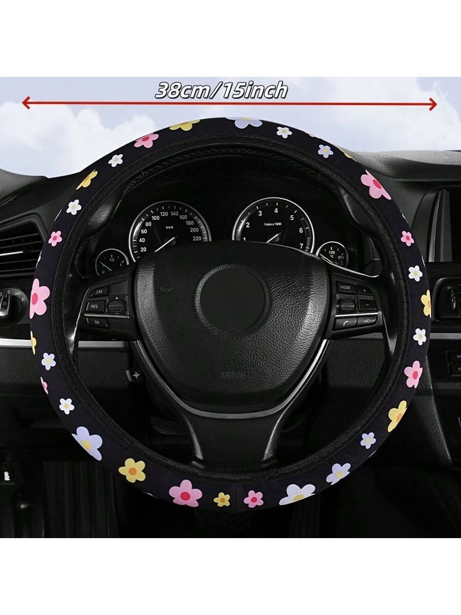 Car Steering Wheel Cover Without Inner Ring, 38cm/15inch Universal Fit, Polyester Fiber Surface, Rubber + Sponge Backing, Cute Floral Design For Women, Non-Slip Car Interior Accessory, Suitable For Mo