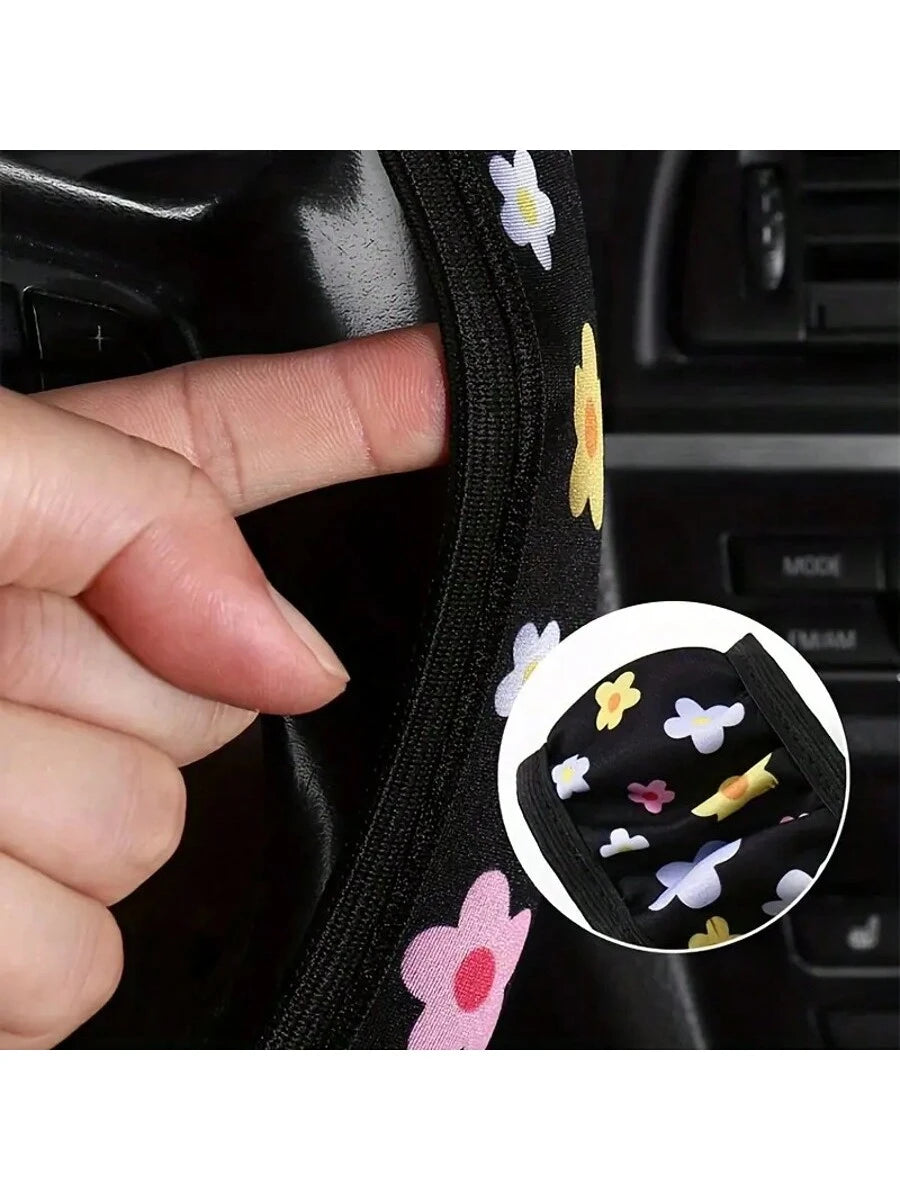 Car Steering Wheel Cover Without Inner Ring, 38cm/15inch Universal Fit, Polyester Fiber Surface, Rubber + Sponge Backing, Cute Floral Design For Women, Non-Slip Car Interior Accessory, Suitable For Mo