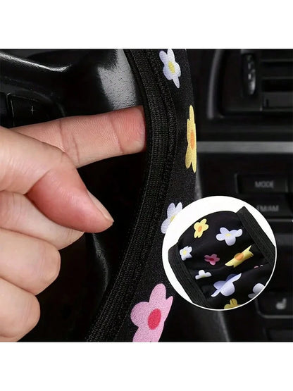 Car Steering Wheel Cover Without Inner Ring, 38cm/15inch Universal Fit, Polyester Fiber Surface, Rubber + Sponge Backing, Cute Floral Design For Women, Non-Slip Car Interior Accessory, Suitable For Mo