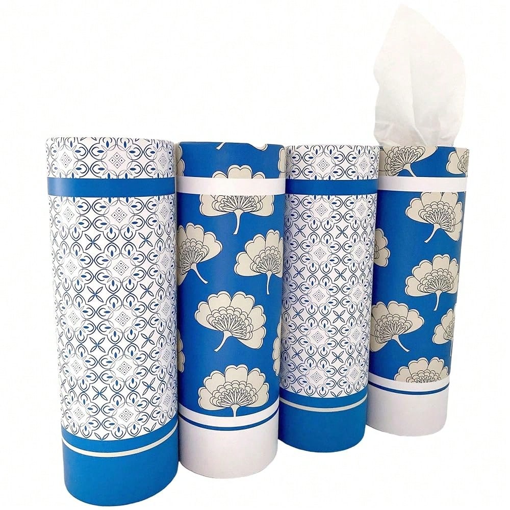 Car Tissues Holder With Facial Tissues- 4 PK- Travel Tissue Tubes Box Container Perfect Fit For Car Cup Holder Car Tissues Cylinder (Blue)
