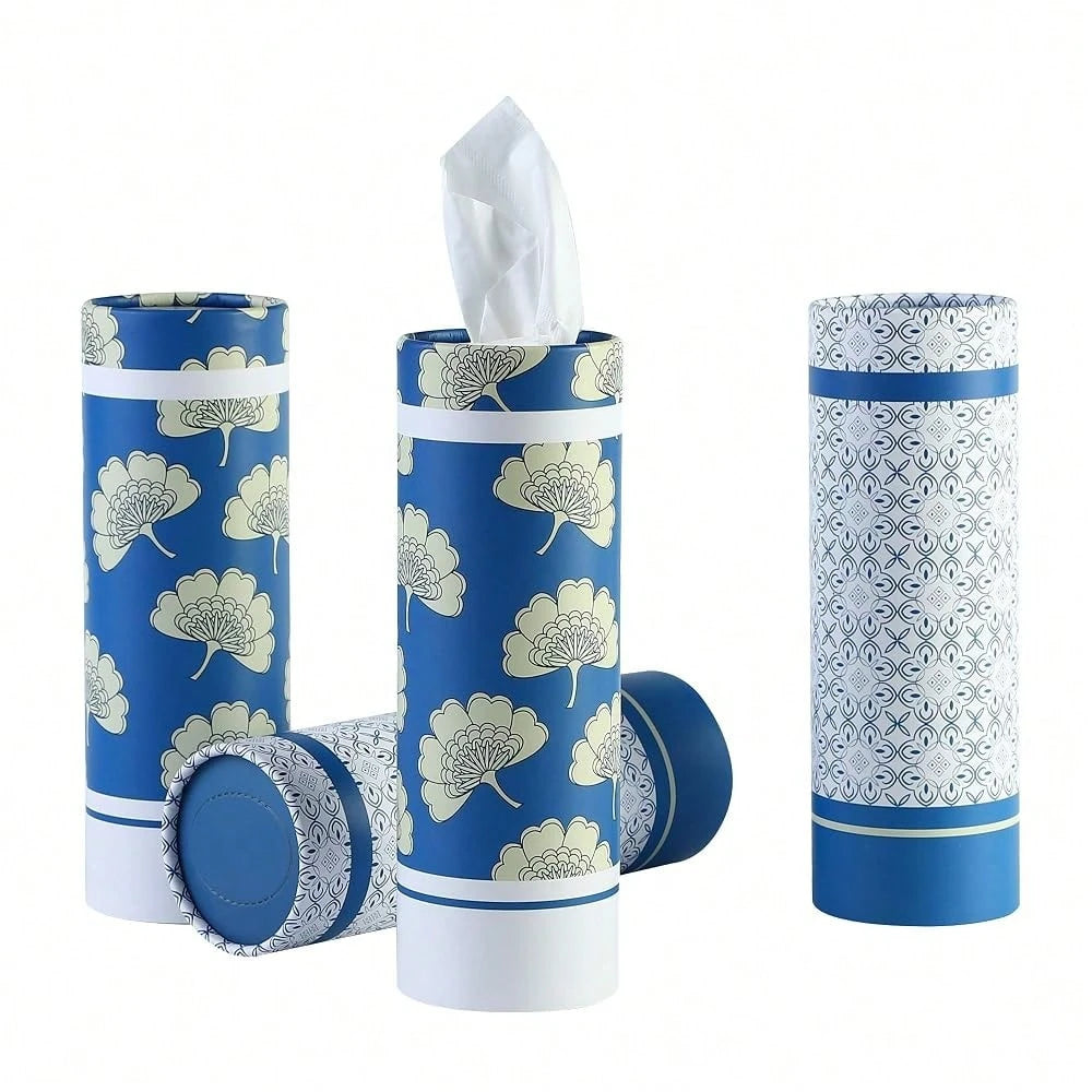 Car Tissues Holder With Facial Tissues- 4 PK- Travel Tissue Tubes Box Container Perfect Fit For Car Cup Holder Car Tissues Cylinder (Blue)
