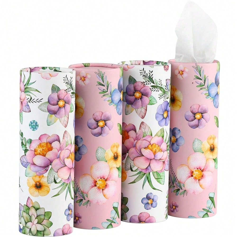 Car Tissues Holder With Facial Tissues- 4 PK- Travel Tissue Tubes Box Container Perfect Fit For Car Cup Holder Car Tissues Cylinder (Blue)