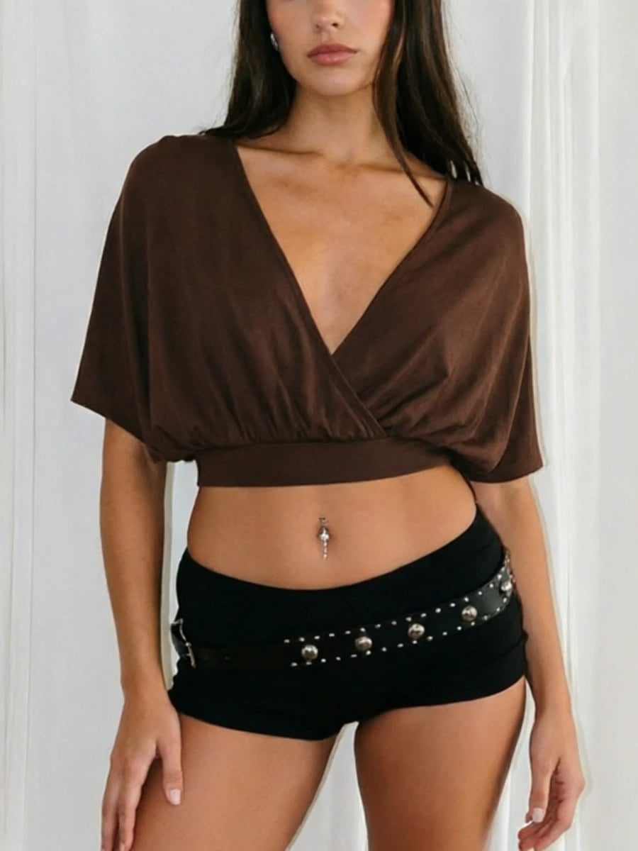 Chic Brown Knit Batwing Sleeve Cropped Top Deep V-Neck Elegant Vacation Summer