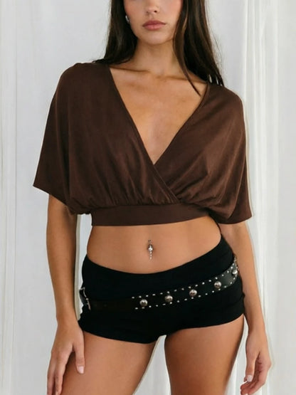 Chic Brown Knit Batwing Sleeve Cropped Top Deep V-Neck Elegant Vacation Summer