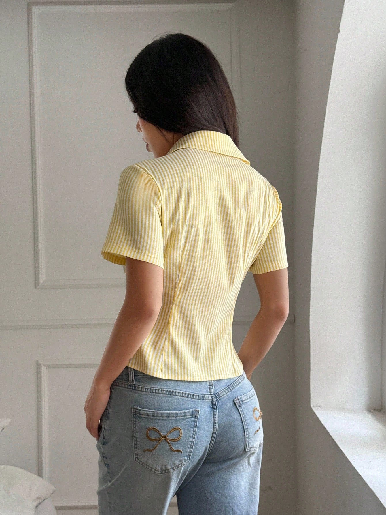 ChicEase French Style Slim Fit Yellow And White Striped Short Sleeve Elegant Office Wear Blouse For Women Shirt