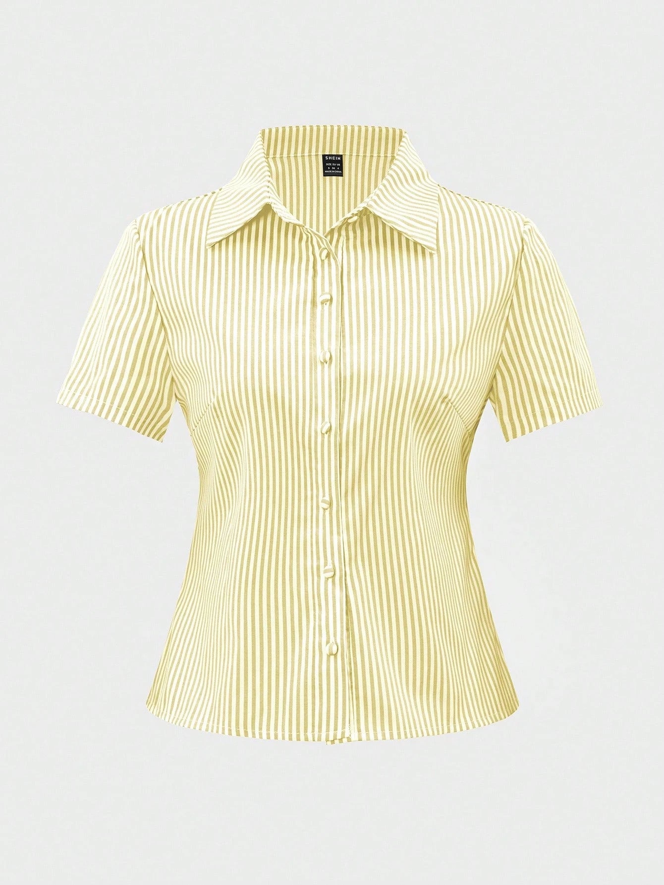 ChicEase French Style Slim Fit Yellow And White Striped Short Sleeve Elegant Office Wear Blouse For Women Shirt