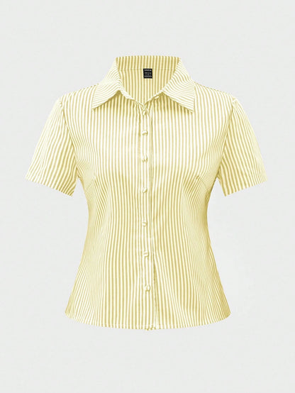 ChicEase French Style Slim Fit Yellow And White Striped Short Sleeve Elegant Office Wear Blouse For Women Shirt