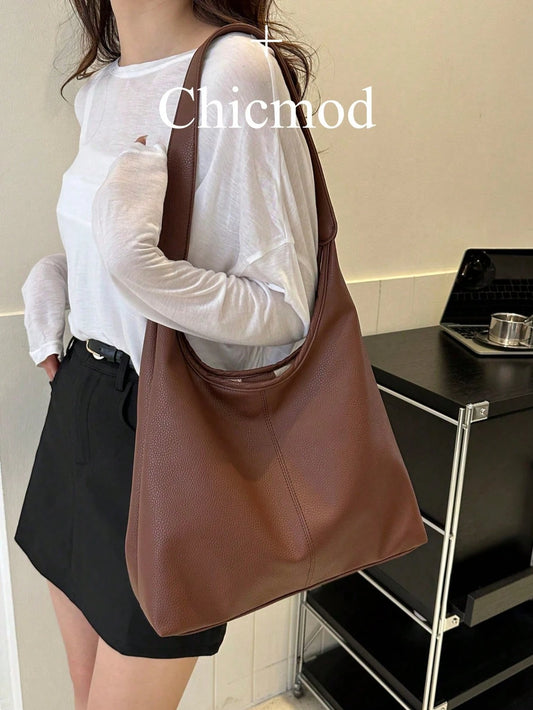 Coffee/Black Solid Color PU Large Capacity Magnetic Closure Casual Fashion Shoulder Tote Bag, Suitable For Daily Use By Girls