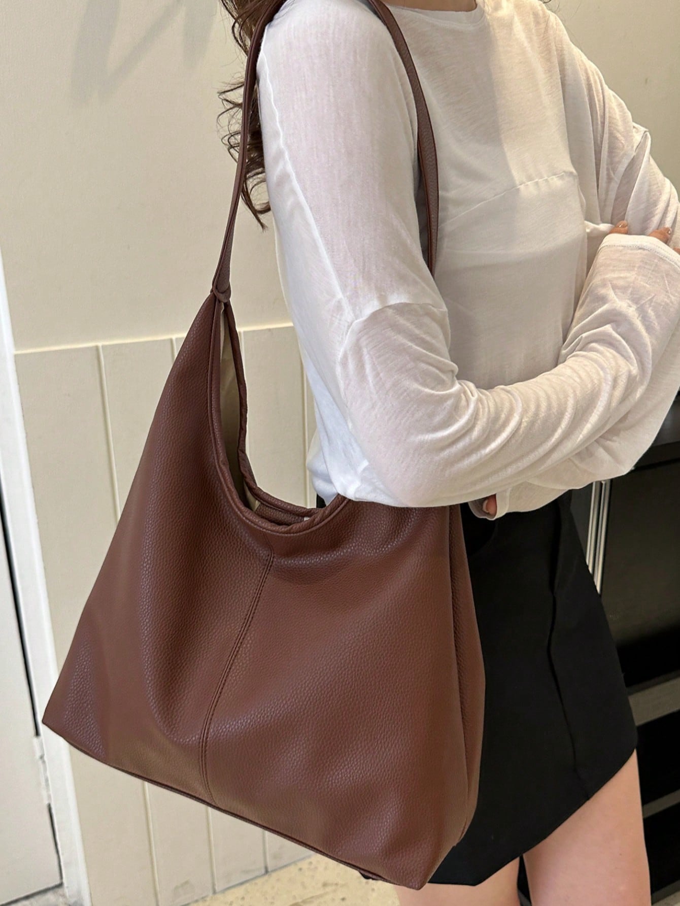 Coffee/Black Solid Color PU Large Capacity Magnetic Closure Casual Fashion Shoulder Tote Bag, Suitable For Daily Use By Girls