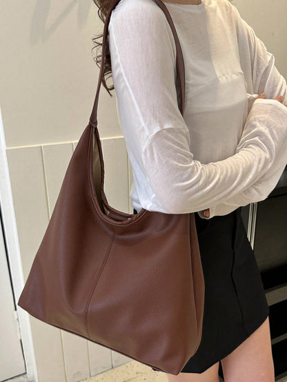Coffee/Black Solid Color PU Large Capacity Magnetic Closure Casual Fashion Shoulder Tote Bag, Suitable For Daily Use By Girls