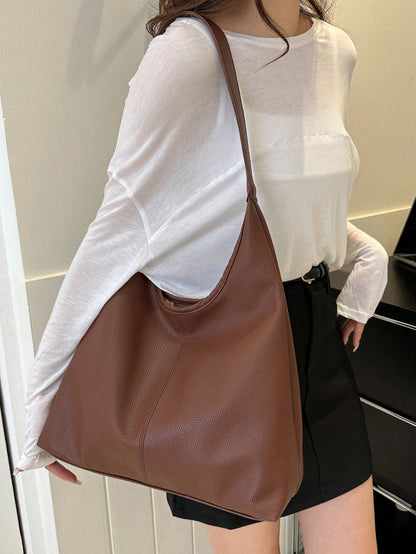 Coffee/Black Solid Color PU Large Capacity Magnetic Closure Casual Fashion Shoulder Tote Bag, Suitable For Daily Use By Girls