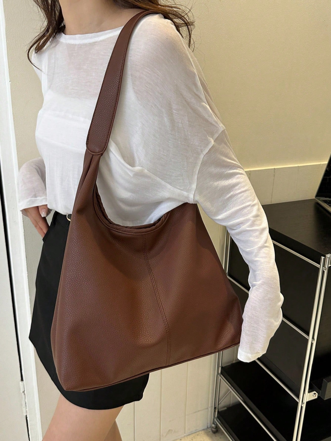Coffee/Black Solid Color PU Large Capacity Magnetic Closure Casual Fashion Shoulder Tote Bag, Suitable For Daily Use By Girls