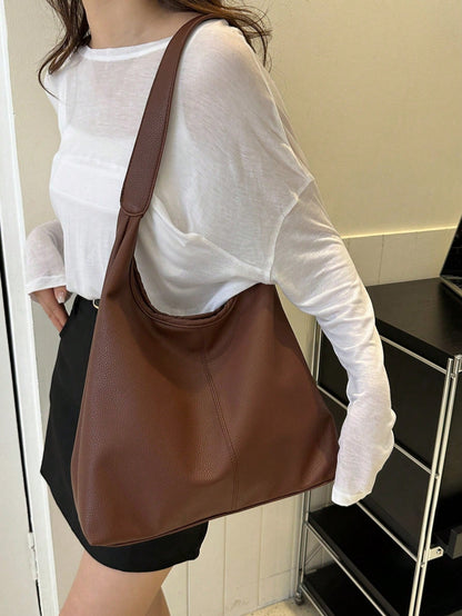Coffee/Black Solid Color PU Large Capacity Magnetic Closure Casual Fashion Shoulder Tote Bag, Suitable For Daily Use By Girls
