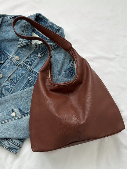 Coffee/Black Solid Color PU Large Capacity Magnetic Closure Casual Fashion Shoulder Tote Bag, Suitable For Daily Use By Girls