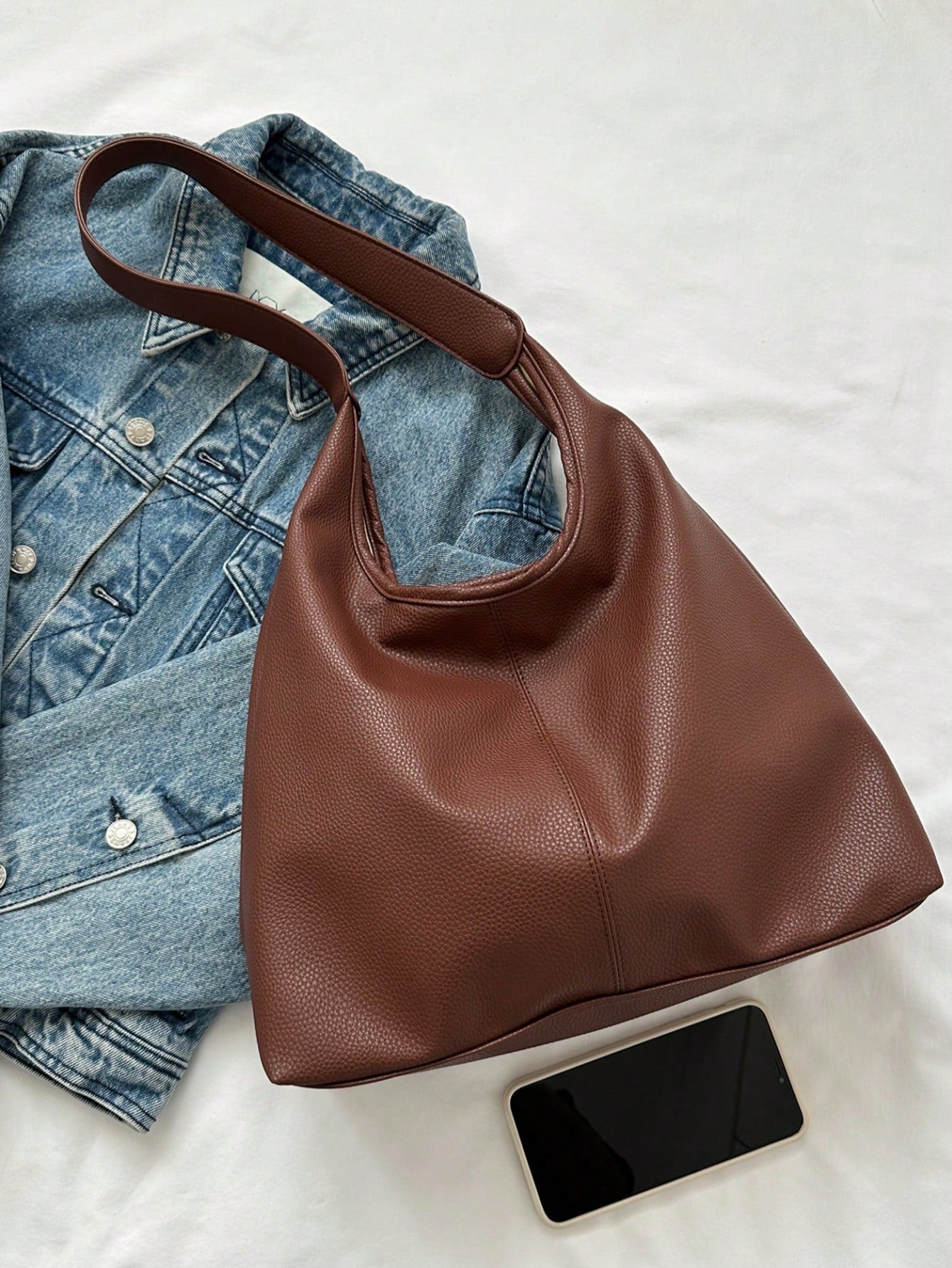 Coffee/Black Solid Color PU Large Capacity Magnetic Closure Casual Fashion Shoulder Tote Bag, Suitable For Daily Use By Girls
