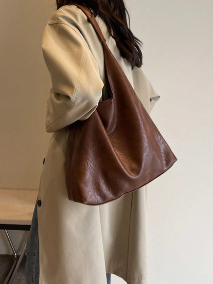 Coffee Brown Vintage Soft PU Tote Bag 2026 New Fashion Large Capacity Soft Bag Minimalist Solid Color Shoulder Bag With Inner Pouch Casual Versatile Women's Large Bag Suitable For Daily Use Commuting