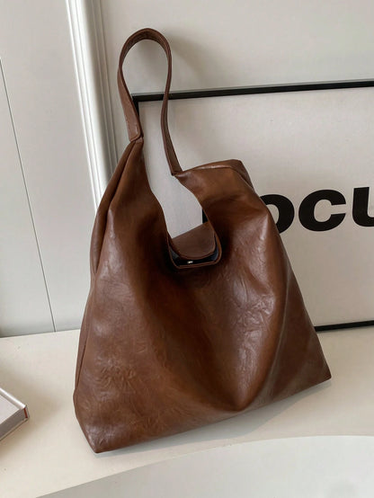 Coffee Brown Vintage Soft PU Tote Bag 2026 New Fashion Large Capacity Soft Bag Minimalist Solid Color Shoulder Bag With Inner Pouch Casual Versatile Women's Large Bag Suitable For Daily Use Commuting