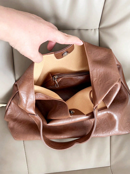 Coffee Brown Vintage Soft PU Tote Bag 2026 New Fashion Large Capacity Soft Bag Minimalist Solid Color Shoulder Bag With Inner Pouch Casual Versatile Women's Large Bag Suitable For Daily Use Commuting