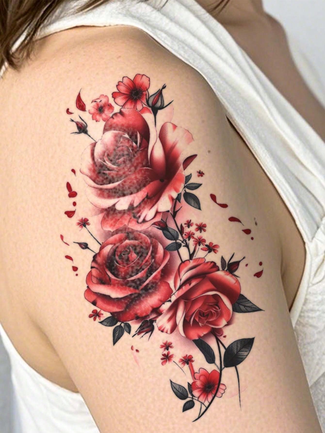 Colorful Butterfly Temporary Tattoo For Women, Vibrant Floral Rose Body Art Sticker, Romantic Nature Inspired Design, Waterproof Long Lasting Fake Tattoo, Aesthetic Arm Shoulder Thigh Tattoo Decals, C