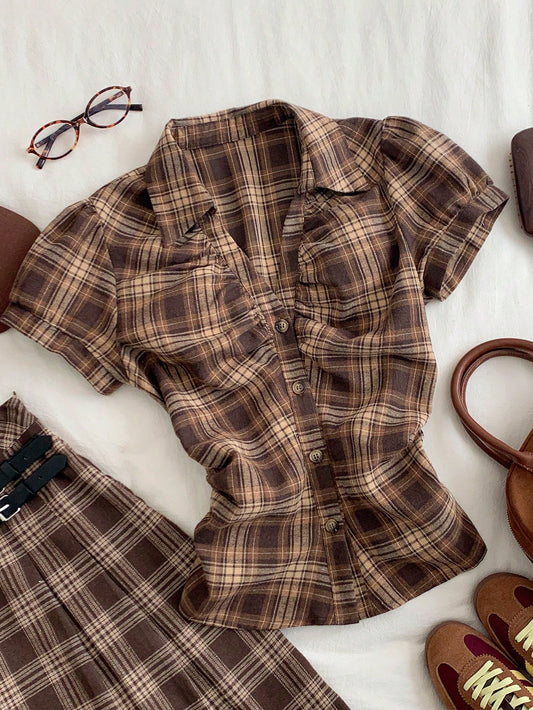 Comfortcana Women's Casual Vintage Preppy Plaid Front Button Ruched Waist Short Sleeve Shirt, Summer,Summer Top Back-To-School School Teacher Brown Plaid