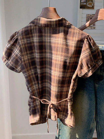 Comfortcana Women's Casual Vintage Preppy Plaid Front Button Ruched Waist Short Sleeve Shirt, Summer,Summer Top Back-To-School School Teacher Brown Plaid