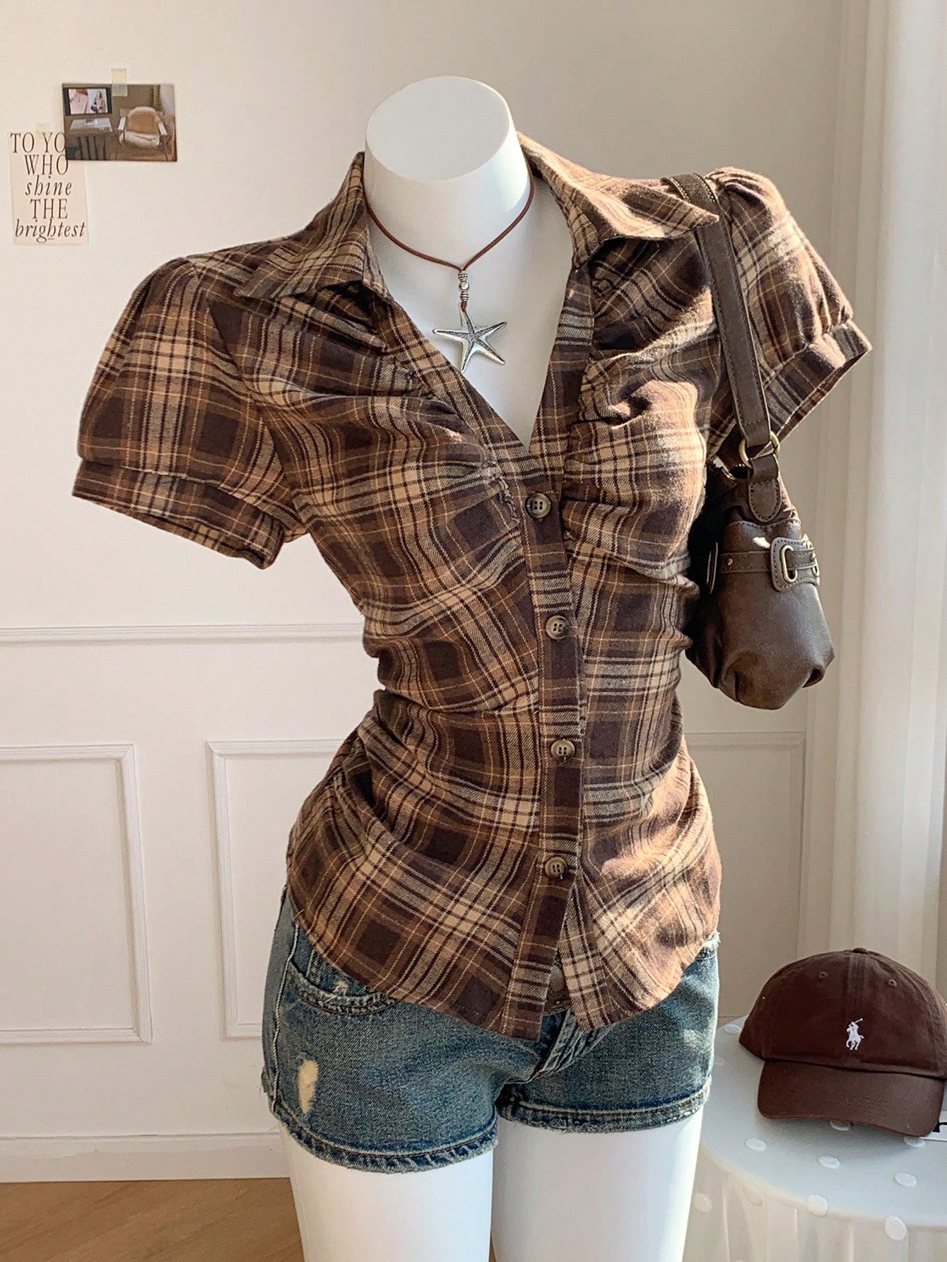 Comfortcana Women's Casual Vintage Preppy Plaid Front Button Ruched Waist Short Sleeve Shirt, Summer,Summer Top Back-To-School School Teacher Brown Plaid