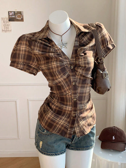 Comfortcana Women's Casual Vintage Preppy Plaid Front Button Ruched Waist Short Sleeve Shirt, Summer,Summer Top Back-To-School School Teacher Brown Plaid