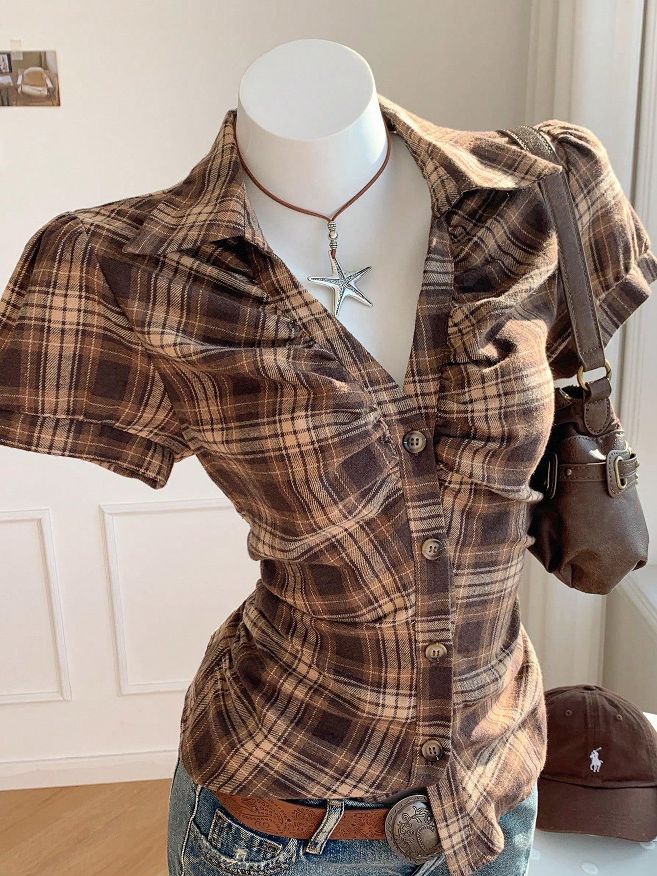 Comfortcana Women's Casual Vintage Preppy Plaid Front Button Ruched Waist Short Sleeve Shirt, Summer,Summer Top Back-To-School School Teacher Brown Plaid