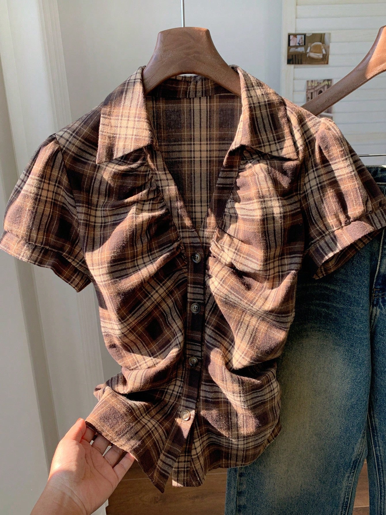 Comfortcana Women's Casual Vintage Preppy Plaid Front Button Ruched Waist Short Sleeve Shirt, Summer,Summer Top Back-To-School School Teacher Brown Plaid