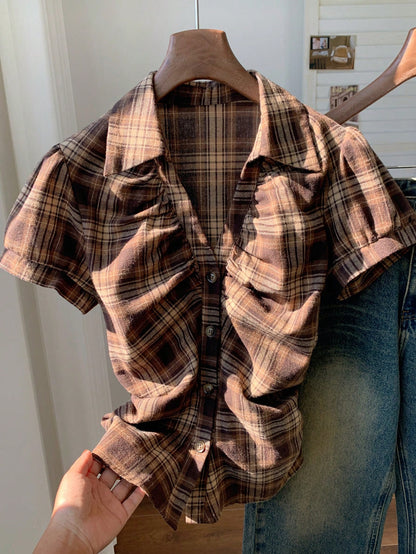 Comfortcana Women's Casual Vintage Preppy Plaid Front Button Ruched Waist Short Sleeve Shirt, Summer,Summer Top Back-To-School School Teacher Brown Plaid