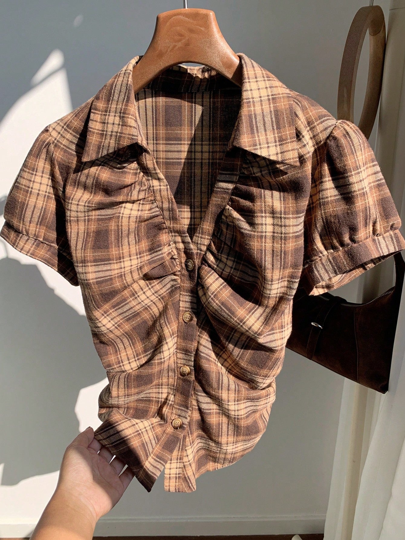 Comfortcana Women's Casual Vintage Preppy Plaid Front Button Ruched Waist Short Sleeve Shirt, Summer,Summer Top Back-To-School School Teacher Brown Plaid
