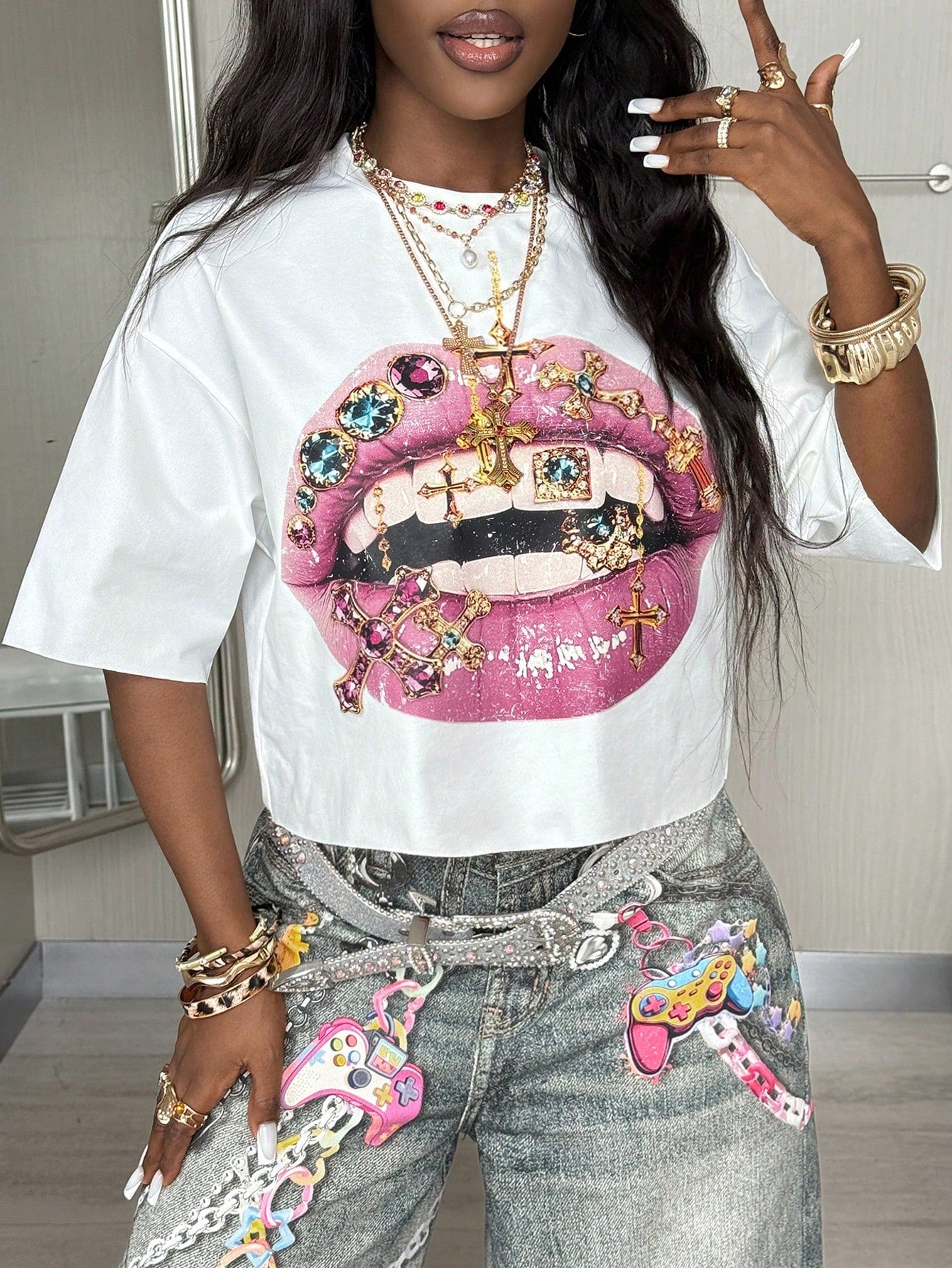 Coolane Women's Fall Streetwear Daily Wear Vintage Y2K Going Out Hip-Hop Casual Oversized Crop Lips Graphic Tee