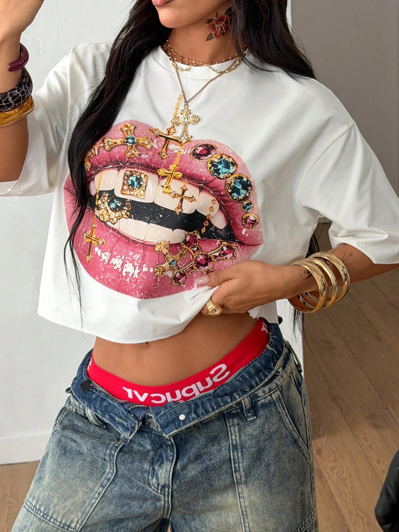 Coolane Women's Fall Streetwear Daily Wear Vintage Y2K Going Out Hip-Hop Casual Oversized Crop Lips Graphic Tee