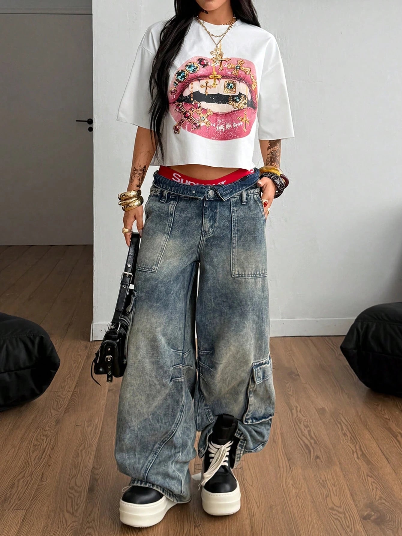 Coolane Women's Fall Streetwear Daily Wear Vintage Y2K Going Out Hip-Hop Casual Oversized Crop Lips Graphic Tee