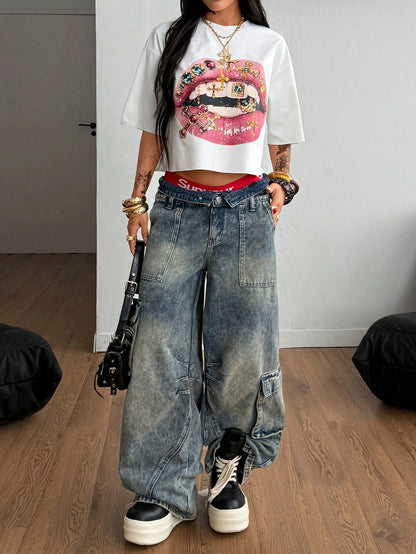 Coolane Women's Fall Streetwear Daily Wear Vintage Y2K Going Out Hip-Hop Casual Oversized Crop Lips Graphic Tee