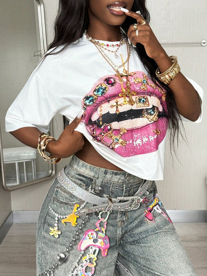 Coolane Women's Fall Streetwear Daily Wear Vintage Y2K Going Out Hip-Hop Casual Oversized Crop Lips Graphic Tee